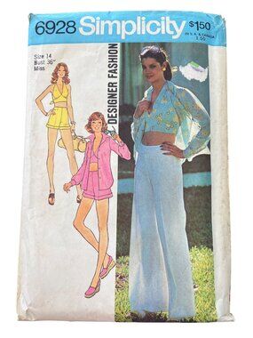 Vintage 70s Simplicity 6928 Sewing Pattern Size 14 Top Pants Shirt Jacket CUT